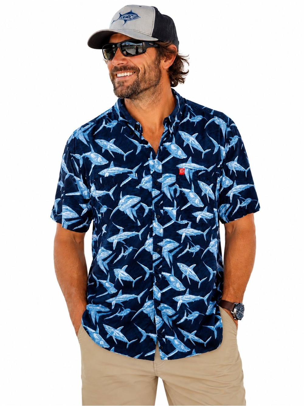 American Outdoorsman Men’s Blue Shark Print Button Shirt Large